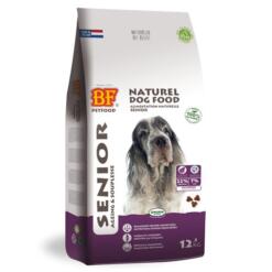 BF Petfood Senior droogvoer voor oudere honden, paarse verpakking 12,5 kg met grijze hond