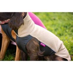 Detailfoto Pomppa JumppaPomppa fleece kleur Sand op bruine spaniel, Pomppa label en fleecepatroon zichtbaar