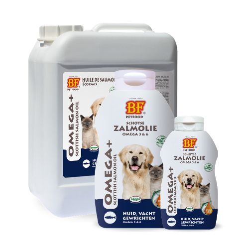 OMEGA+ Schotse Zalmolie voor honden 3 BF Petfood OMEGA+ Schotse Zalmolie alle varianten overzicht