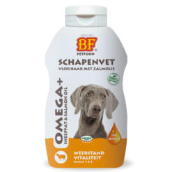 Omega+ Vloeibaar Schapenvet met Zalmolie voor Honden 11 BF Omega+ vloeibaar schapenvet met zalmolie 250 ml knijpflacon voor honden