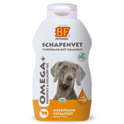 Omega+ Vloeibaar Schapenvet met Zalmolie voor Honden 12 BF Omega+ vloeibaar schapenvet met zalmolie 500 ml knijpflacon voor honden