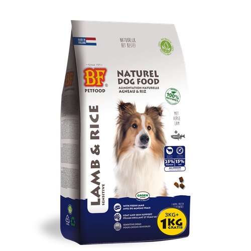 BF Petfood Lam & Rijst Glutenvrij – Hypoallergeen Droogvoer voor Honden 10 BF Petfood Lam & Rijst glutenvrij droogvoer voor honden, zak 3+1 kg