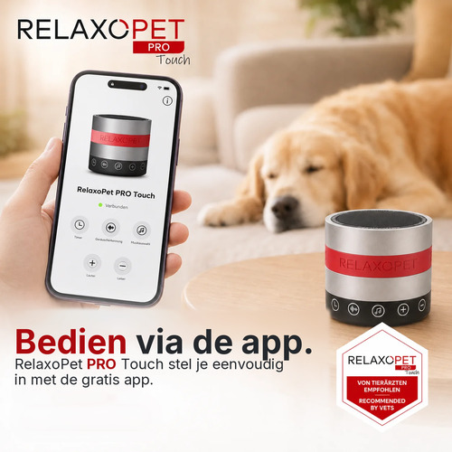 RelaxoPet PRO Touch anti-stress systeem voor honden 12 RelaxoPet app op een smartphone om de PRO Touch te bedienen