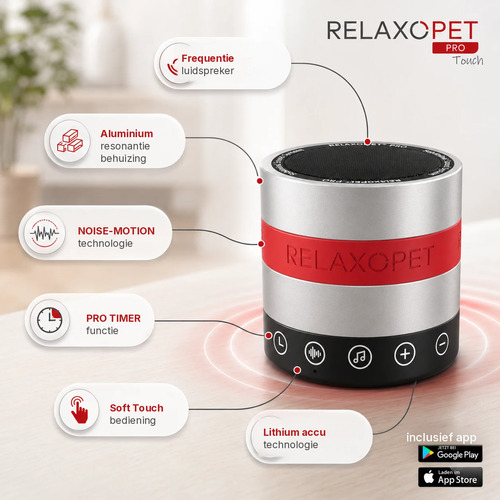 RelaxoPet PRO Touch anti-stress systeem voor honden 5 Kenmerken van de RelaxoPet PRO Touch: noise motion, pro timer, soft touch bediening en lithium accu
