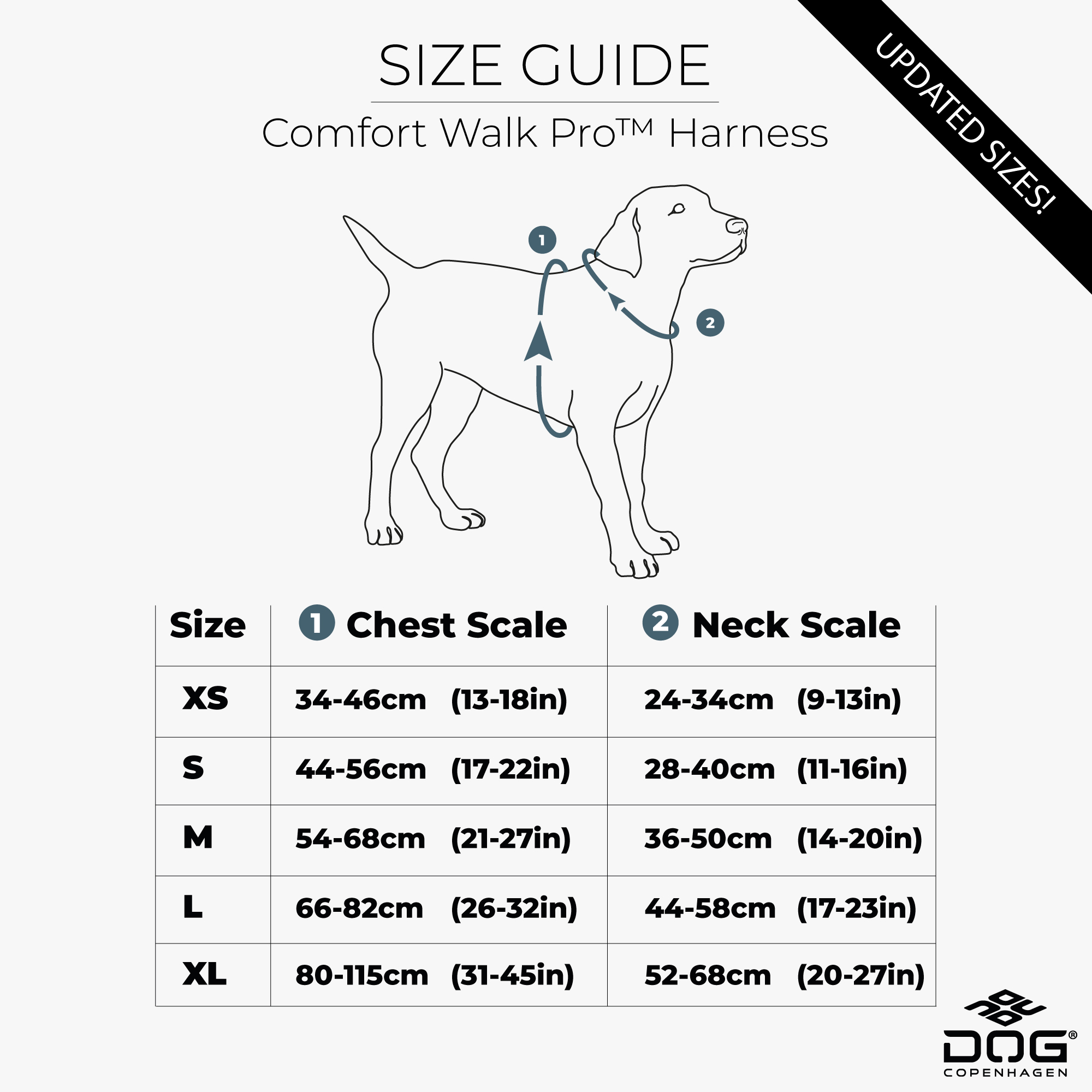 Dog Copenhagen tuig Comfort Walk Pro 3.0 met handvat 132 Comfort Walk Pro Tuig 3.0 Maattabel