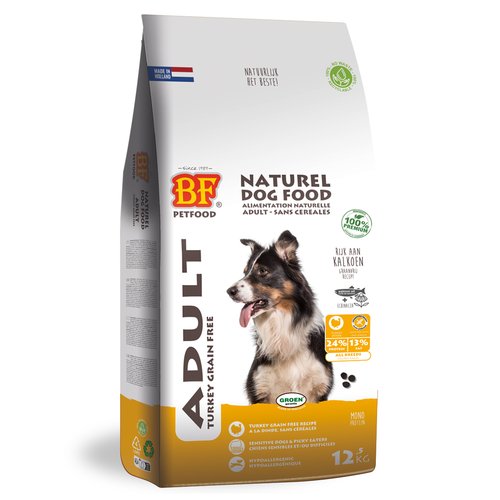 BF Adult Kalkoen Graanvrij – Hypoallergene Hondenvoeding 9 BF Petfood Adult Kalkoen Graanvrij hondenvoeding zak 12,5 kg – mono-proteïne droogvoer voor volwassen honden