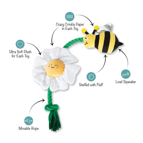 I'm Pollen For You | Hondenspeelgoed Touw met Squeaker en Crinkle 4 Hondenspeelgoed I'm Pollen For You touw met kenmerken: ultra soft plush, crinkle papier, loud squeaker en beweegbaar touw