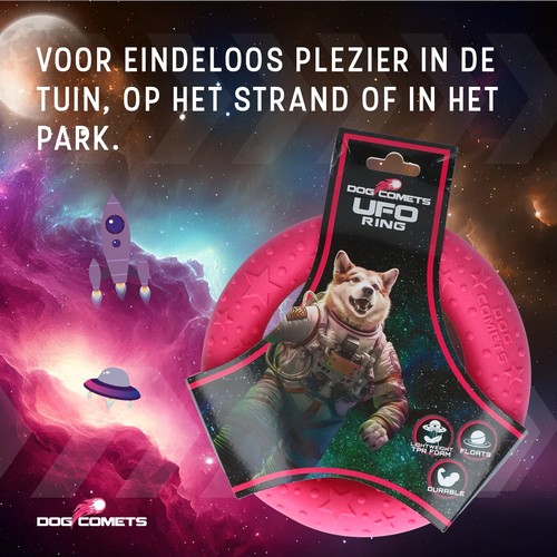 Dog Comets UFO Ring werpring voor honden | drijvend 6 Roze UFO Ring werpring in de verpakking van Dog Comets