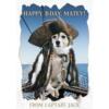 A5 Verjaardagskaart Hond "Happy B-Day, Matey!" – Captain Jack 1 Hond verkleed als piraat Captain Jack op dek van schip – A5 grappige verjaardagskaart hond