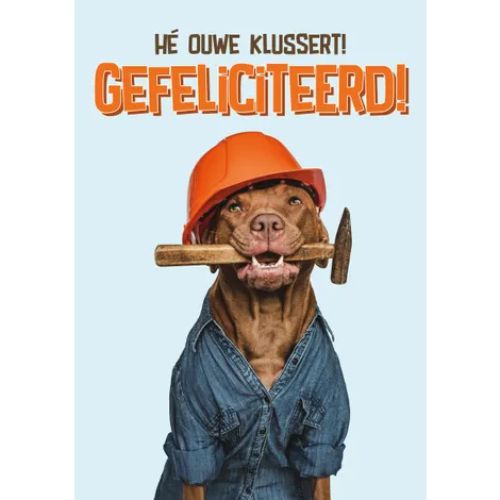 A5 Verjaardagskaart Hond "Hé Ouwe Klussert! Gefeliciteerd!" – Grappige Wenskaart 3 Hond in veiligheidshelm en werkoverall met hamer – A5 grappige verjaardagskaart hond