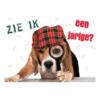 Beagle met geruite pet en vergrootglas op witte achtergrond – A5 verjaardagskaart hond