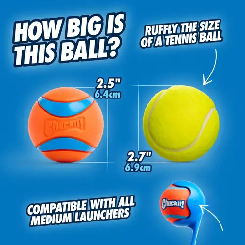 Chuckit Ultra Ball 6 Chuckit! Ultra Ball maat M vergeleken met een tennisbal, ø 6,4 cm