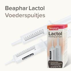 Beaphar Lactol Voederspuitjes: twee losse spuitjes van 14 ml naast de productdoos