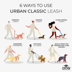 DOG Copenhagen Urban Classic hondenlijn – illustratie 6 gebruiksmanieren: everyday 180cm, control 145cm, close control 100cm, handsfree crossbody, twee honden en training