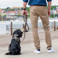 DOG Copenhagen Urban Classic hondenlijn desert dune – man staat met zwarte Spaniel aan lijn op kade bij haven