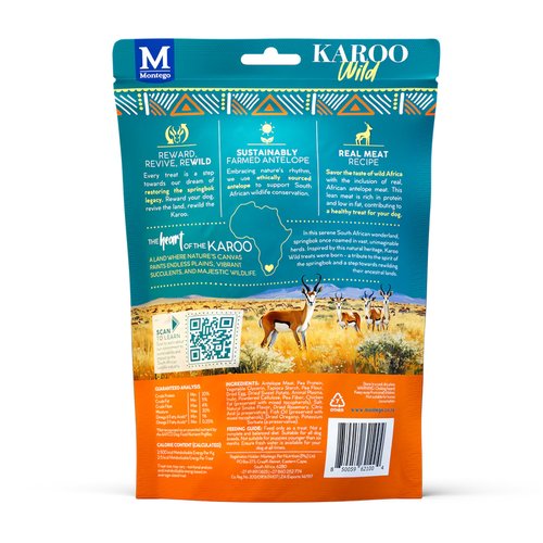 Karoo Wild Training Bits Small – Antilopenvlees 8 Karoo Wild Training Bits Small Oregano achterkant – ingrediënten en analytische samenstelling