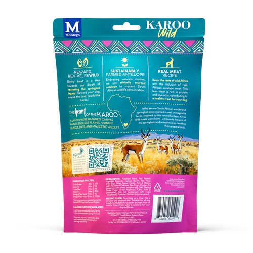 Karoo Wild Training Bits Small – Antilopenvlees 10 Karoo Wild Training Bits Small Rozemarijn achterkant – ingrediënten en analytische samenstelling