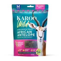 Karoo Wild Training Bits Small – Antilopenvlees 18 Karoo Wild Training Bits Small Rozemarijn voorkant – zachte training treats van vrij uitlopend antilopenvlees