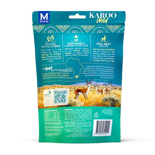 Karoo Wild Training Bits Small – Antilopenvlees 12 Karoo Wild Training Bits Small Tijm achterkant – ingrediënten en analytische samenstelling