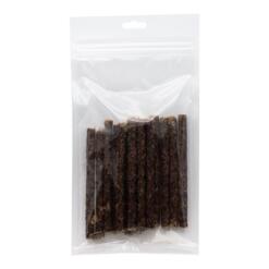 Softsticks hert hondensnack graanvrij, hersluitbare verpakking 100g met donkerbruine vleessticks