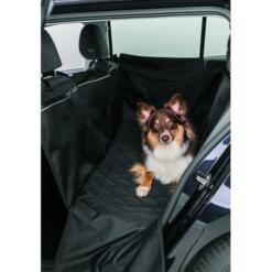 Border Collie liggend op Trixie auto-beschermdeken op achterbank, aanzicht vanuit open zijdeur