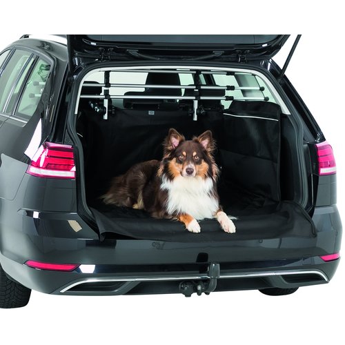 Kofferbak Beschermdeken Hond met Bumperbescherming 4 Border Collie liggend op zwarte Trixie kofferbak beschermdeken in kofferbak, frontaal