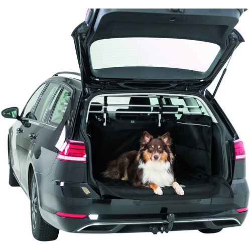 Kofferbak Beschermdeken Hond met Bumperbescherming 5 Border Collie liggend op Trixie kofferbak beschermdeken in open kofferbak stationwagen, schuine opname