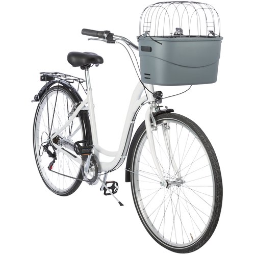 Trixie Stuur-Fietsmand voor Honden – Grijs 6 Trixie stuur-fietsmand grijs gemonteerd op witte stadsfiets, volledig zijaanzicht