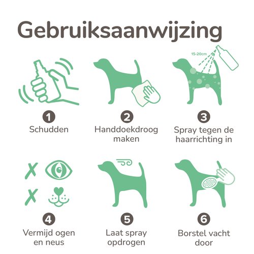 Beaphar Natte Hond Spray | Frisse vacht na een nat avontuur 8 Gebruiksaanwijzing Beaphar Natte Hond Spray in zes stappen, van schudden tot vacht doorborstelen