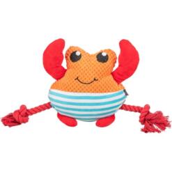 Spelen met je hond 10 Pluche hondenspeeltje krab met oranje kop, gestreepte buik en rode touwarmen, vooraanzicht