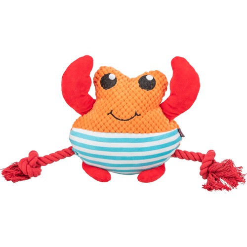 Pluche Krab Hondenspeeltje met Touw en Pieper | Trixie 3 Pluche hondenspeeltje krab met oranje kop, gestreepte buik en rode touwarmen, vooraanzicht