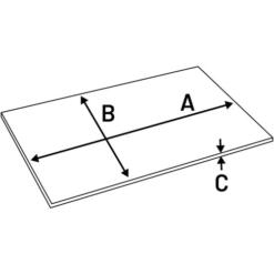 Maattekening van de rechthoekige koelmat met lengte A, breedte B en dikte C
