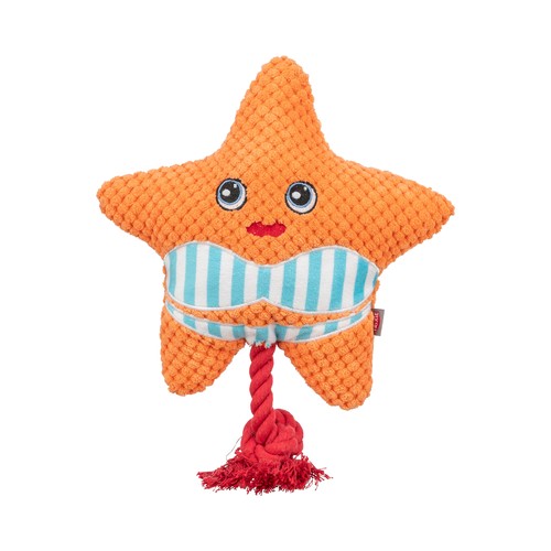 Pluche Hondenspeeltje Zeester met Touw | Geluidloos 3 Oranje pluche hondenspeeltje zeester met gestreepte buik en rood touw
