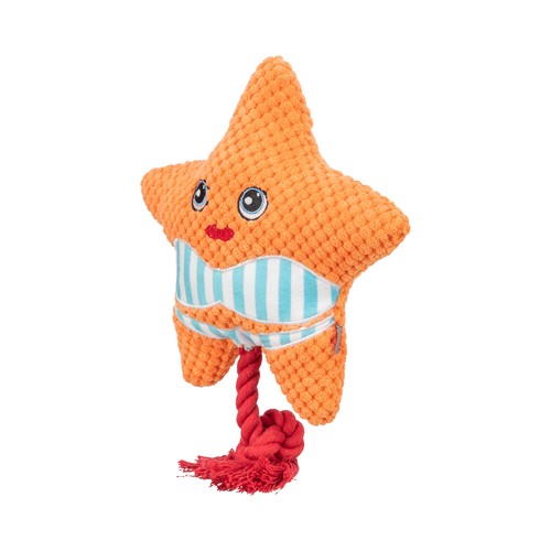 Pluche Hondenspeeltje Zeester met Touw | Geluidloos 4 Pluche zeester hondenspeeltje met touw van opzij, oranje met blauwe strepen