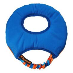 Achterkant van de Aero-Tug hondenfrisbee in blauw met oranje bungee handvat