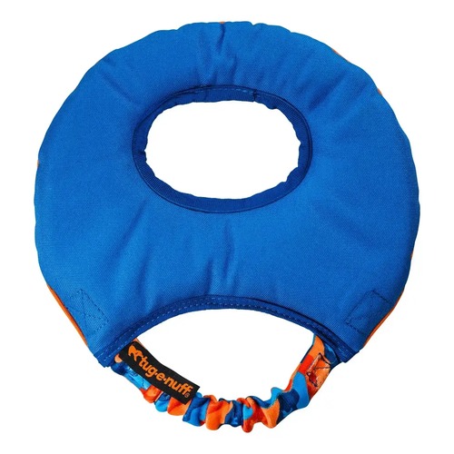 Aero-Tug Hondenfrisbee | Zacht, Drijvend en met Bungee 3 Achterkant van de Aero-Tug hondenfrisbee in blauw met oranje bungee handvat