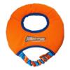 Oranje Aero-Tug hondenfrisbee van Tug-E-Nuff met blauwe rand en elastisch bungee handvat
