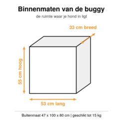 Binnenmaten van de hondenbuggy: 53 cm lang, 33 cm breed en 55 cm hoog, geschikt tot 15 kg