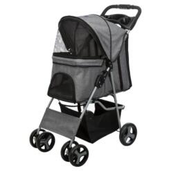 Grijze Trixie hondenbuggy met 4 wielen, zijaanzicht met gesloten kap en mandje onderin