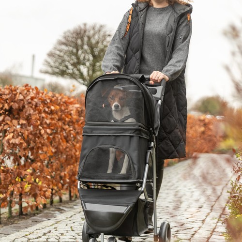 Trixie Hondenbuggy 3 Wielen | Honden tot 11 kg 14 Vrouw wandelt met haar Jack Russell in de zwarte hondenbuggy met 3 wielen