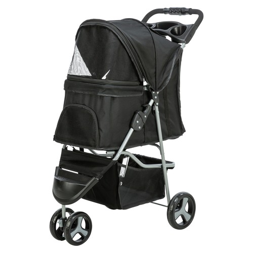 Trixie Hondenbuggy 3 Wielen | Honden tot 11 kg 3 Zwarte Trixie hondenbuggy met 3 wielen, driekwart aanzicht met mandje onderin