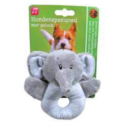 Grijze hondenknuffel olifant van 13 cm met piep en open ring om vast te pakken