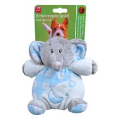 Zittende hondenknuffel olifant van 15 cm met grijs kopje en lichtblauw geruit lijfje