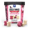 Montego Squishies Aardbei & Room 500 g | Zachte Snoepjes 2 Montego Squishies zachte hondensnoepjes met smaak aardbei en room in tub van 500 gram met roze en crème snoepjes in hondvorm