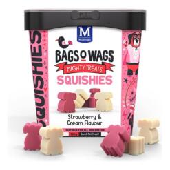 Montego Squishies zachte hondensnoepjes met smaak aardbei en room in tub van 500 gram met roze en crème snoepjes in hondvorm