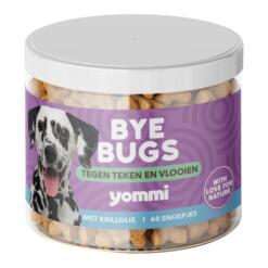 Wat is een vlo? 4 Pot Yommi Bye Bugs met 60 snoepjes, supplement voor honden in het teken- en vlooienseizoen