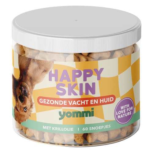 Yommi Happy Skin Hond 60 snoepjes | Huid en Vacht 3 Pot Yommi Happy Skin met 60 snoepjes, supplement voor huid en vacht van je hond met krillolie