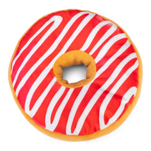 Donut hondenknuffel Beeztees XL met knisperfolie 11 Bovenkant van de Beeztees Donut XL Framboos met rood en wit glazuur