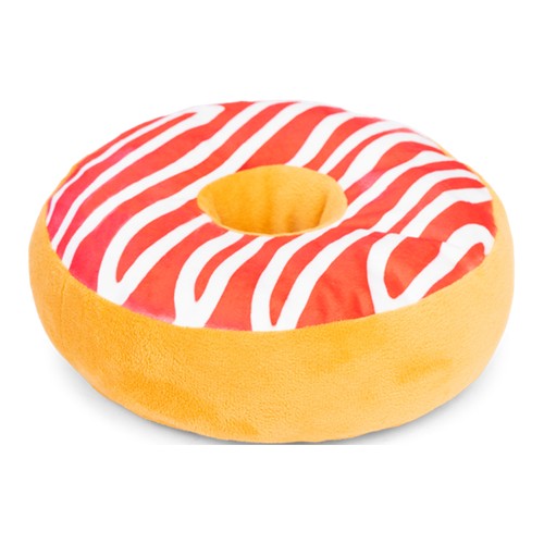 Donut hondenknuffel Beeztees XL met knisperfolie 9 Beeztees Donut XL Framboos, donut hondenknuffel met rode glazuurlaag en witte strepen