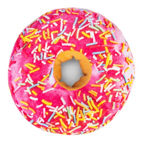 Donut hondenknuffel Beeztees XL met knisperfolie 12 Bovenkant van de Beeztees Donut XL Regenboog met roze glazuur en spikkels